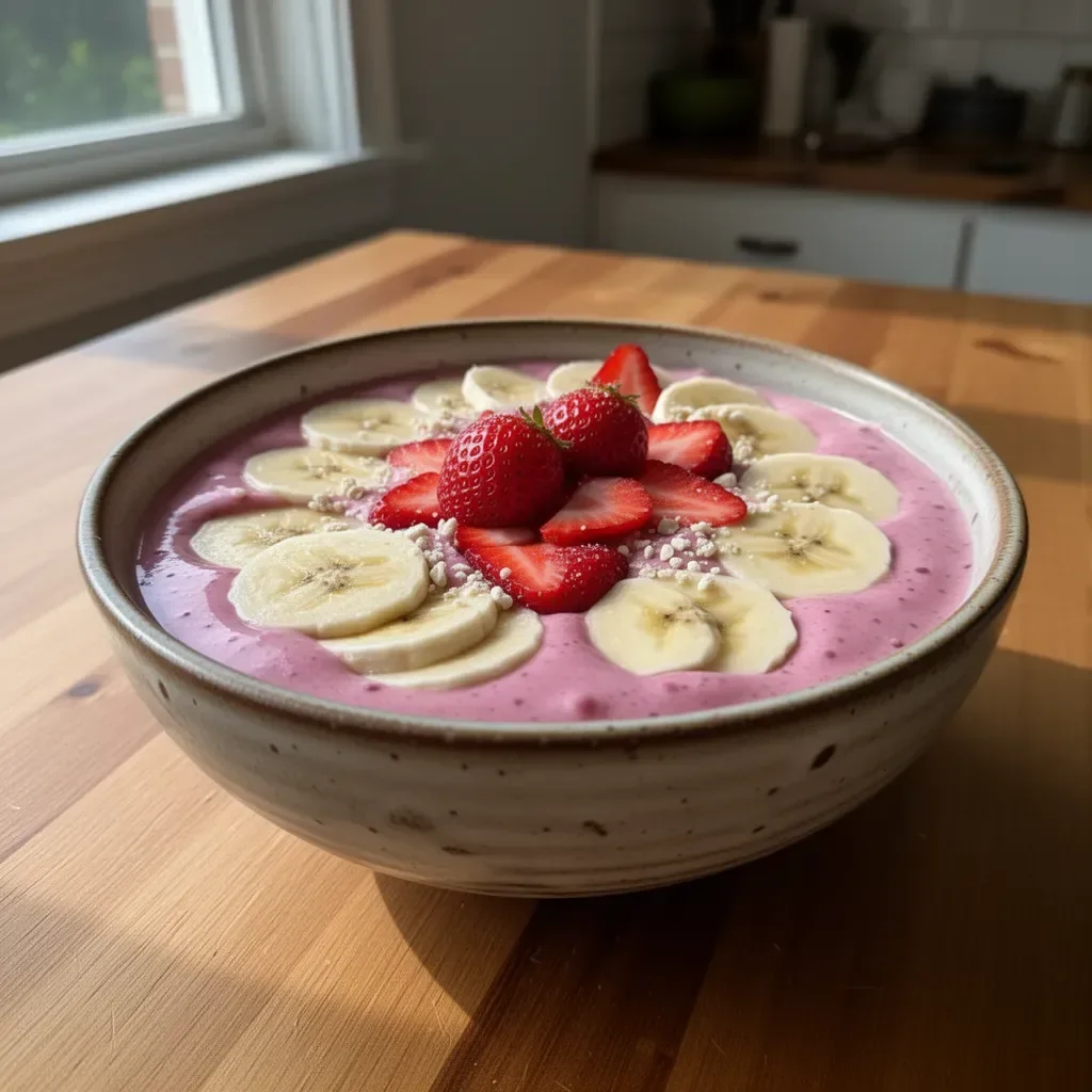 Delicious strawberry banana smoothie bowl topped with fresh fruits and granola.