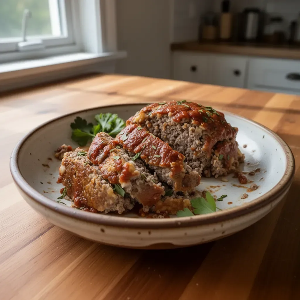 Easiest and best meatloaf on a plate with garnishes