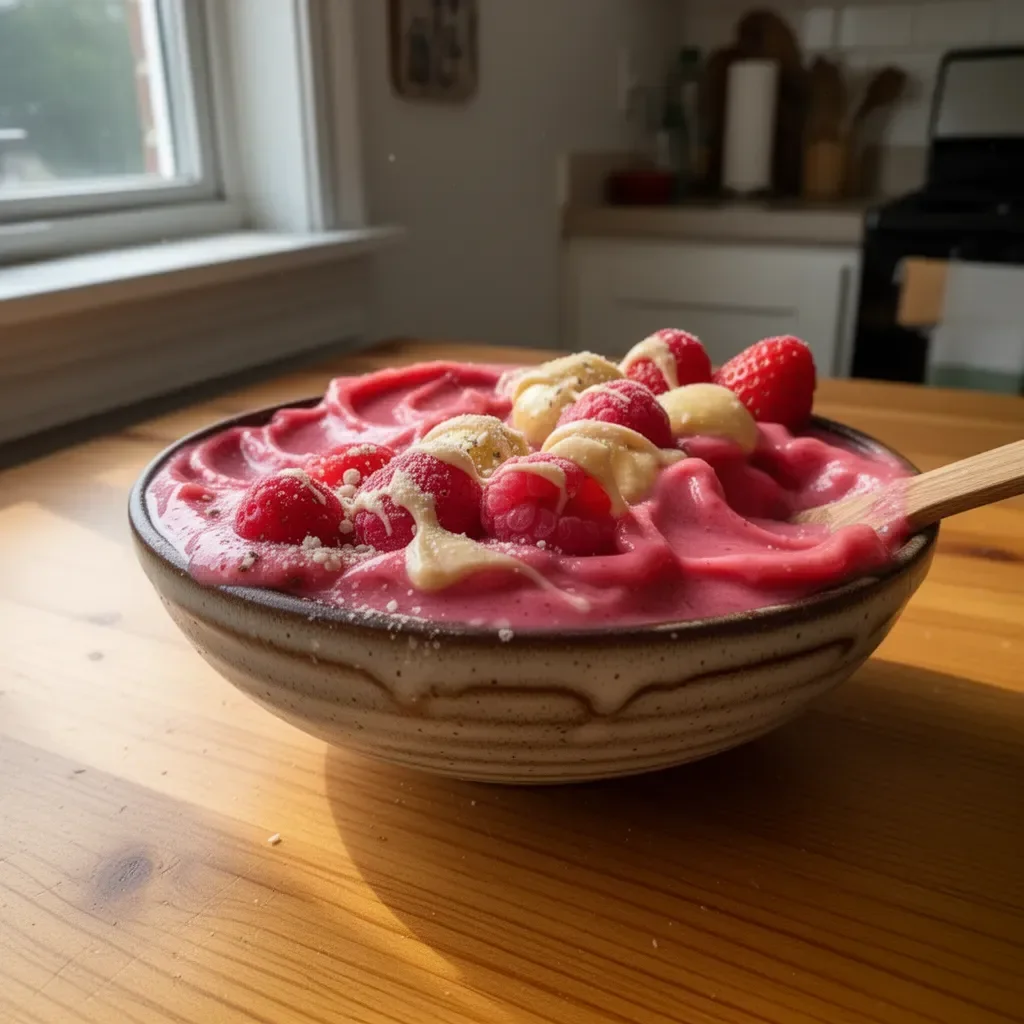 Thick strawberry smoothie bowl topped with fresh fruits and granola
