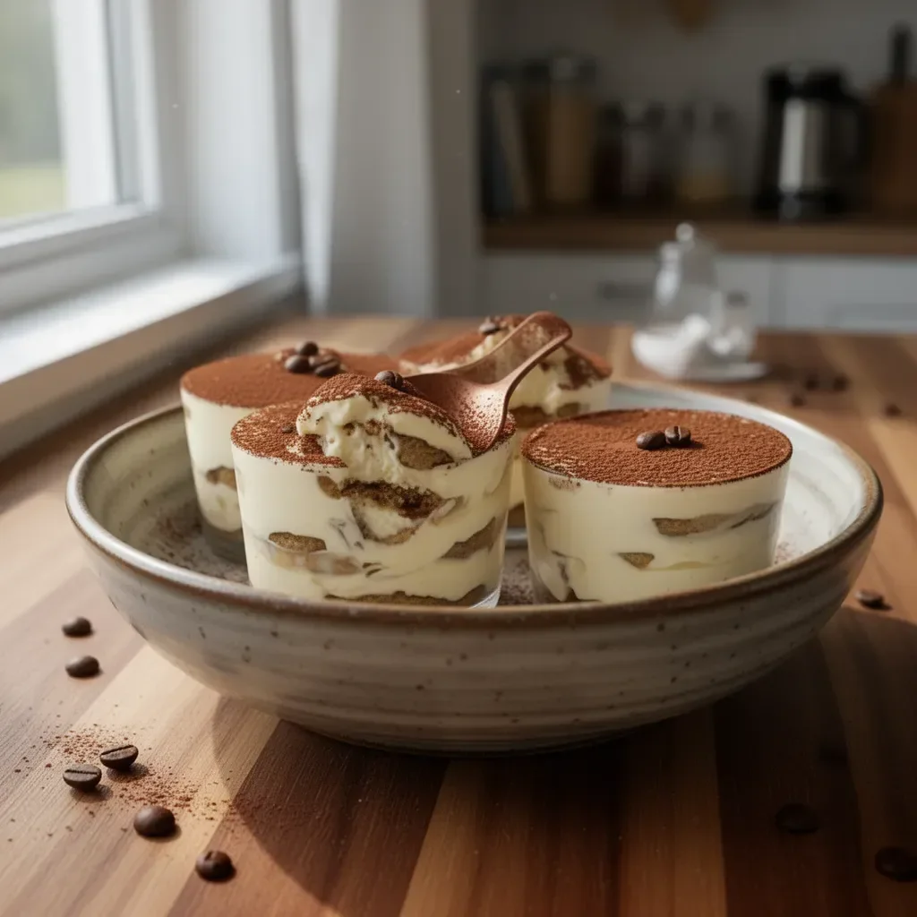 Delicious tiramisu cups served with cocoa dusting.