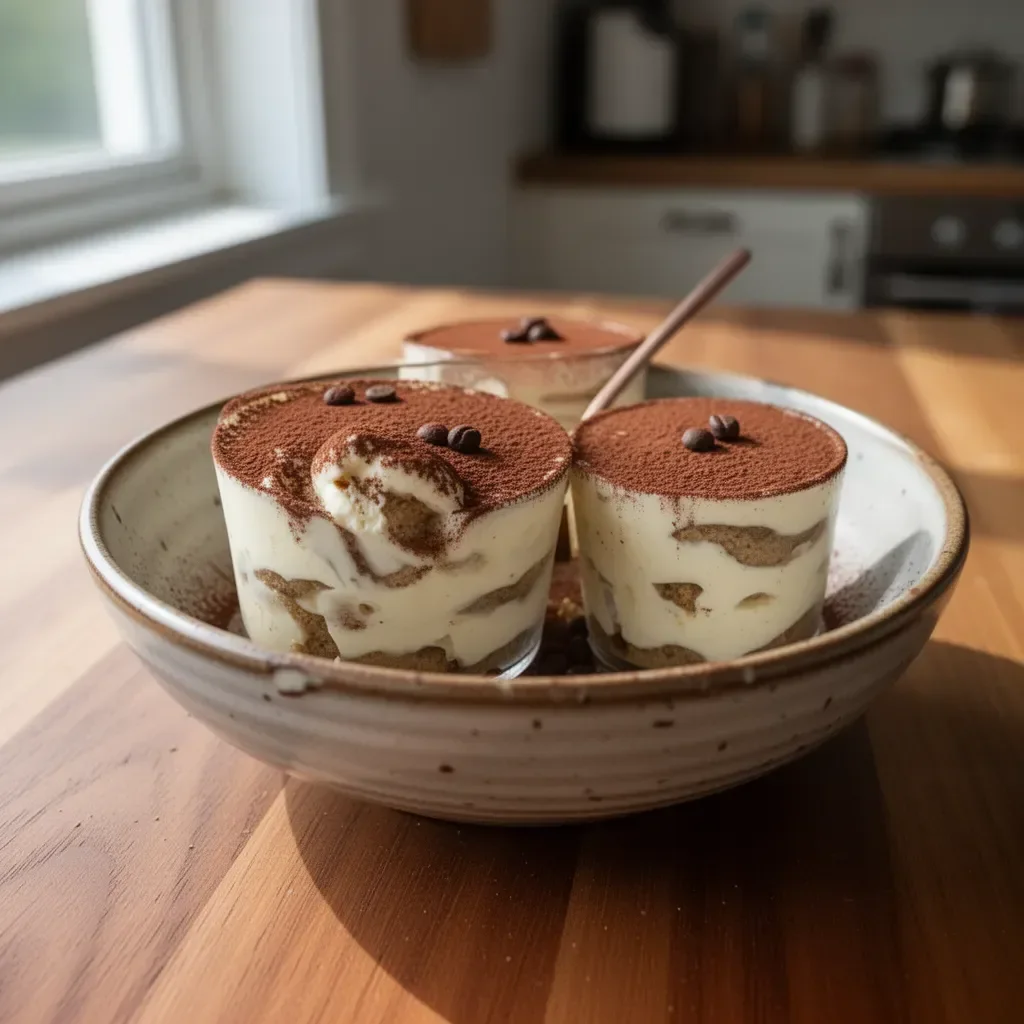 Delicious tiramisu cups topped with cocoa and coffee beans