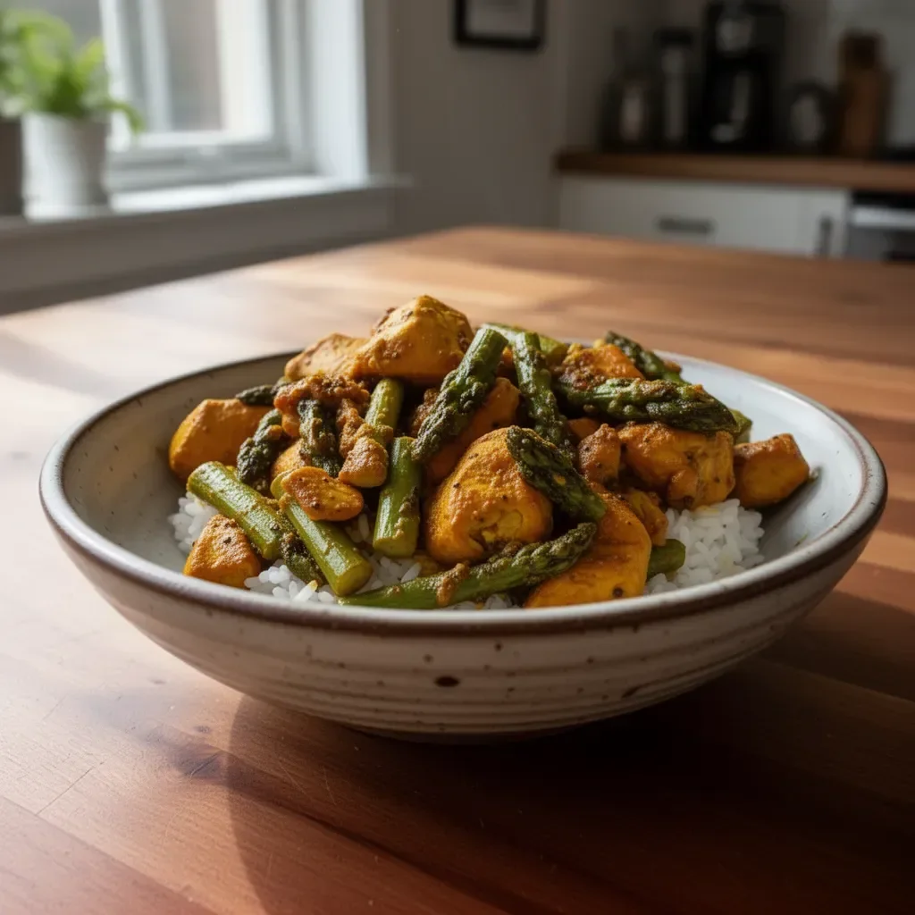 Plate of Turmeric Black Pepper Chicken garnished with herbs and spices