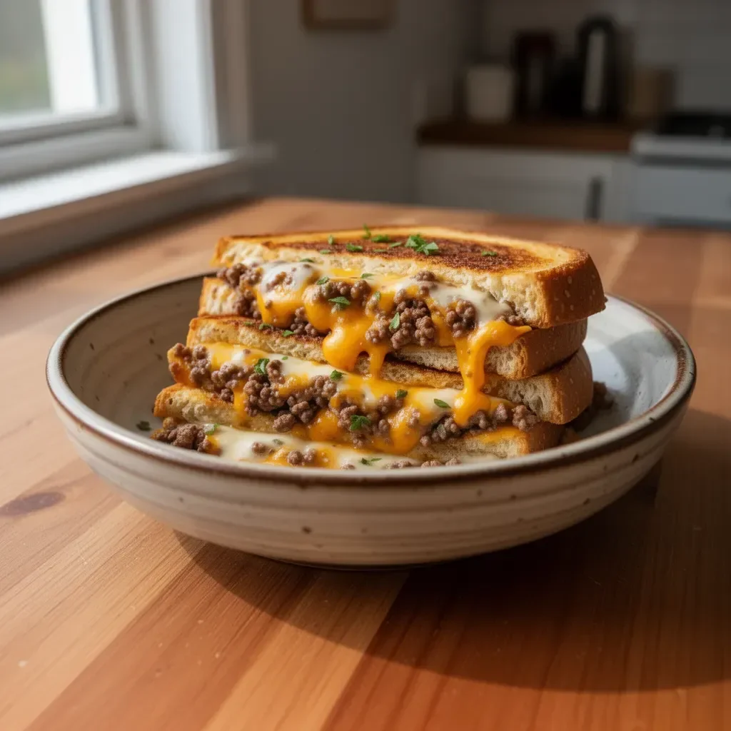 Ultimate cheesy ground beef melt served with toppings on a plate.