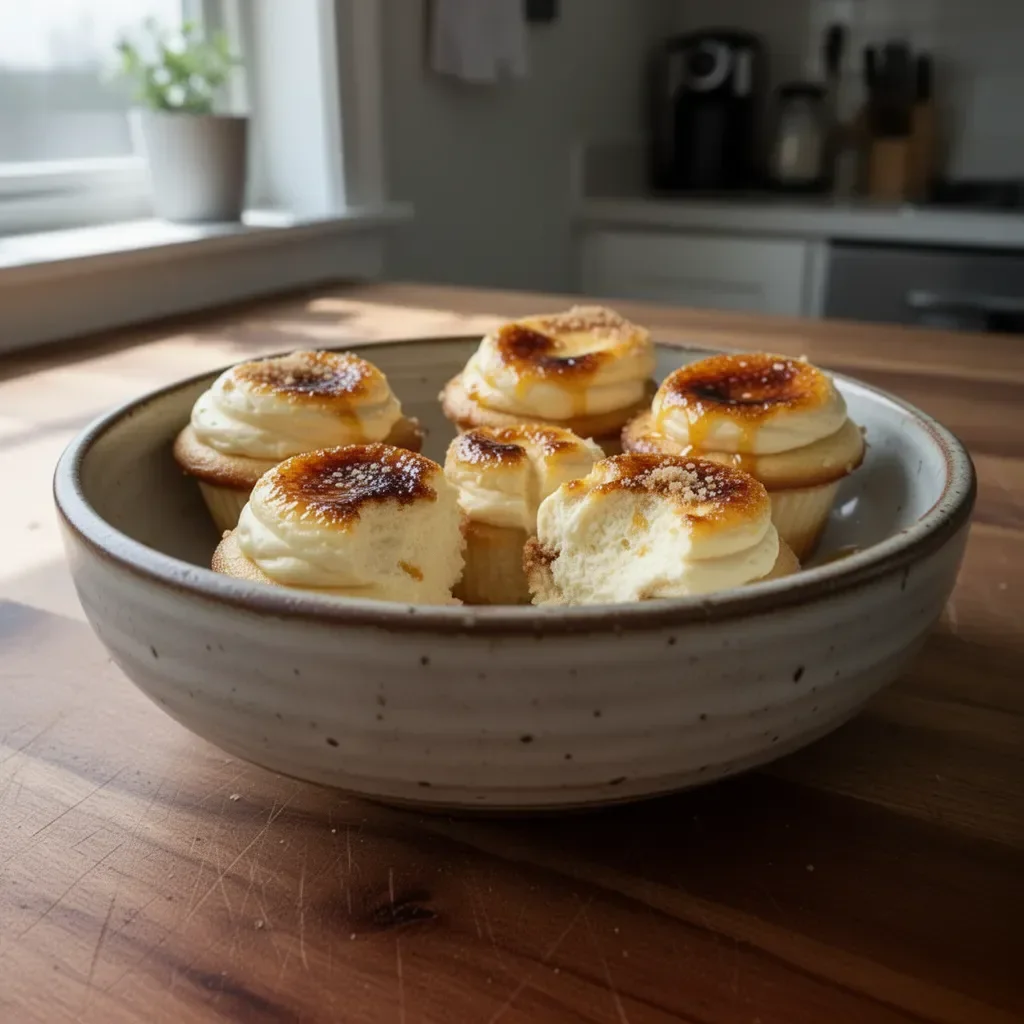 Vanilla Bean Crème Brûlée Cheesecake Cupcakes topped with caramelized sugar