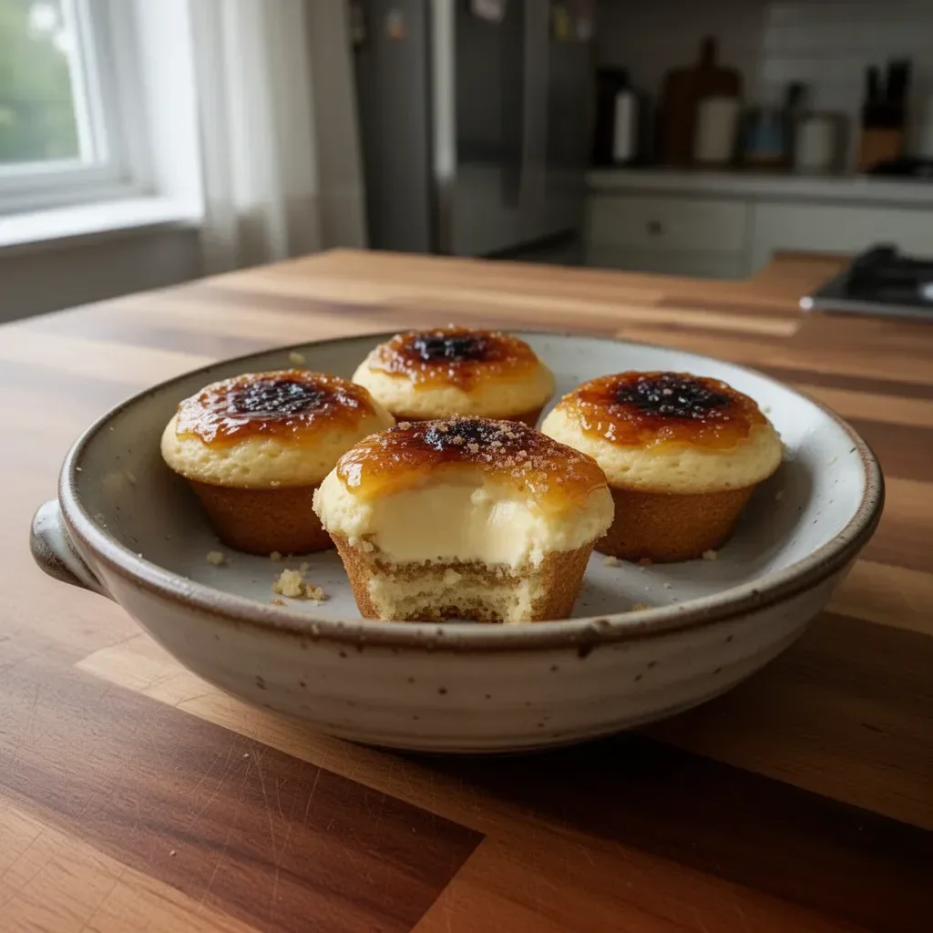 Vanilla bean crème brûlée cupcakes topped with caramelized sugar crust