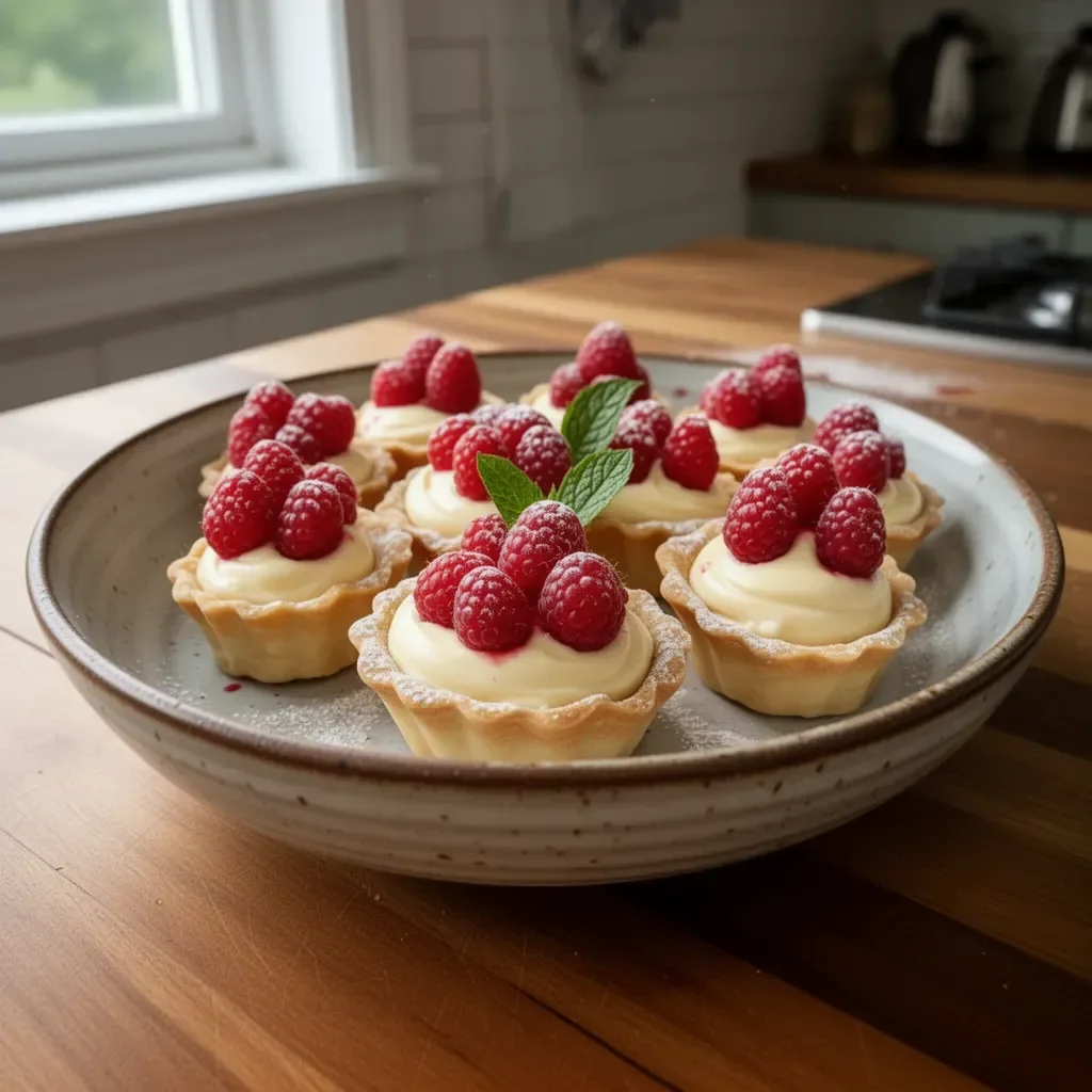 Vanilla Cream Tarts topped with fresh raspberries on a white plate