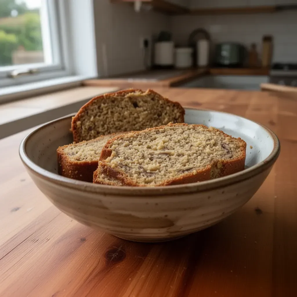 Freshly baked vegan banana bread garnished with banana slices.