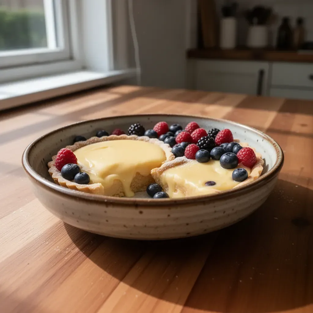 Vegan fruit tarts with custard topped with fresh berries and mint leaves