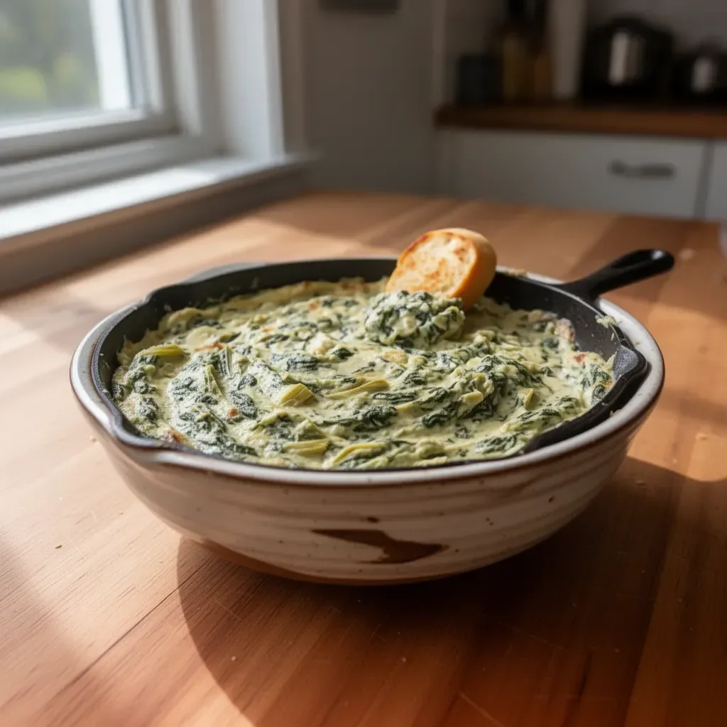 Bowl of vegan spinach artichoke dip with fresh ingredients