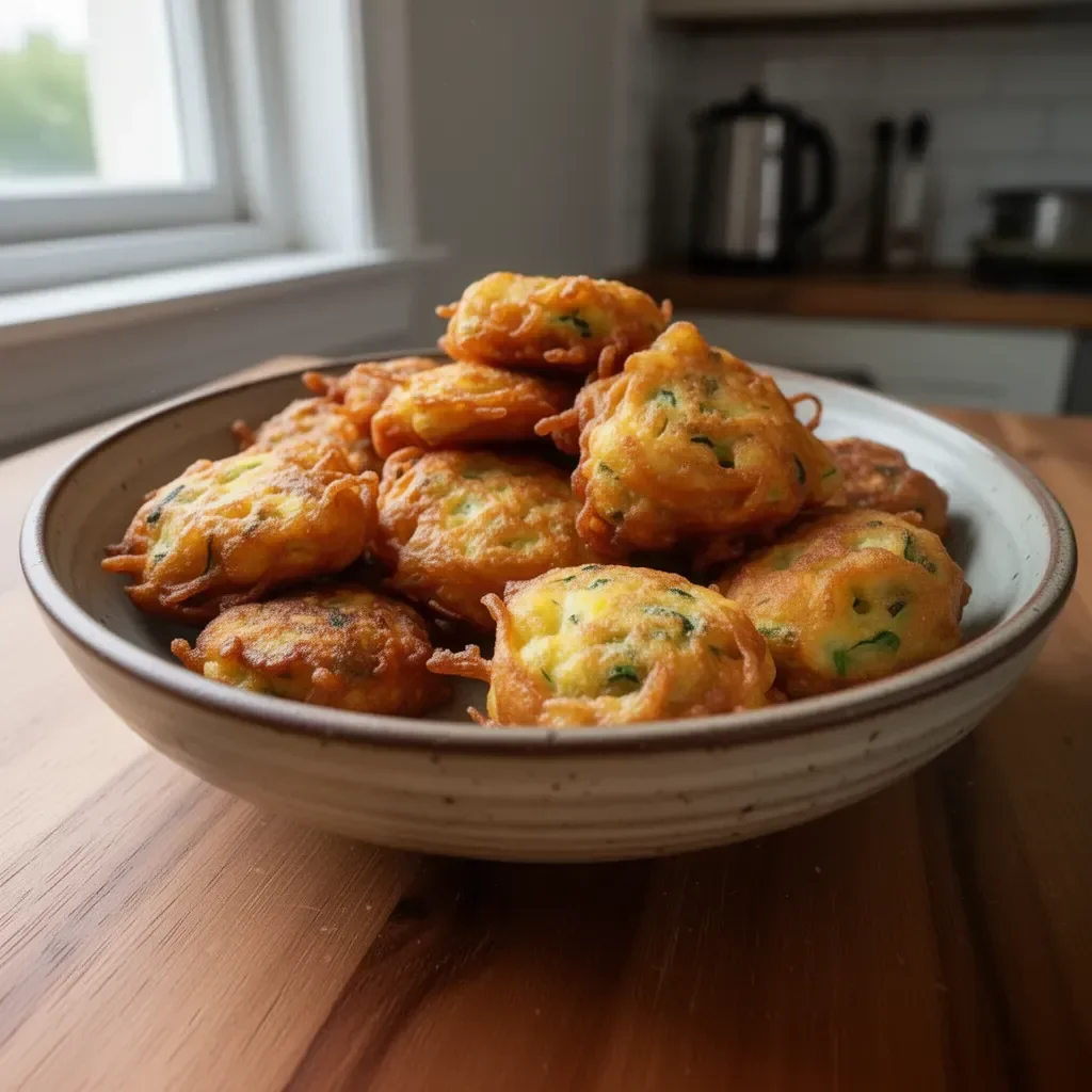 Plate of crispy vegetable fritters served with dipping sauce