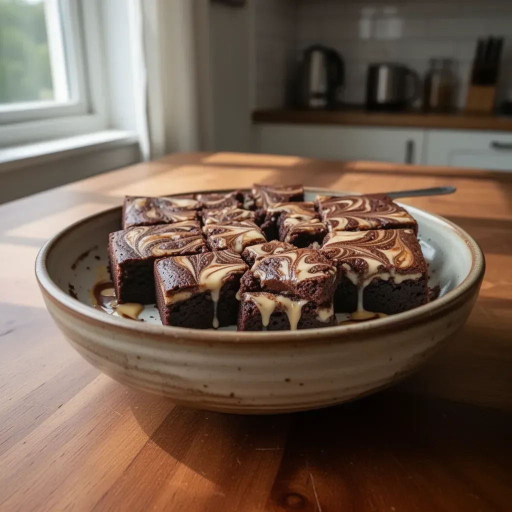 Delicious Vietnamese coffee brownies with a condensed milk swirl on a rustic plate