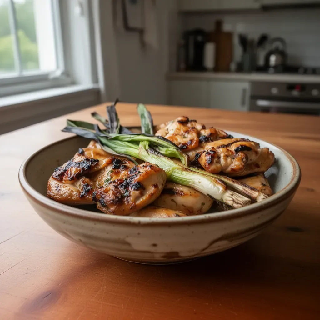 A plate of Vietnamese grilled chicken garnished with fresh herbs and spices.