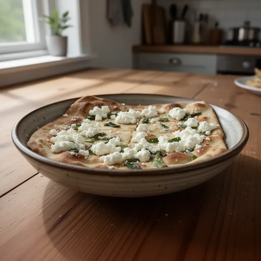 Viral cottage cheese flatbread topped with fresh herbs and colorful vegetables