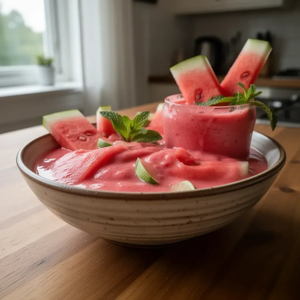 Refreshing watermelon smoothie recipe served in a glass with mint leaves