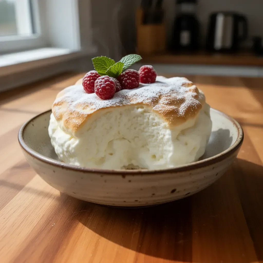 Delicious Yogurt Cloud Cake topped with fresh fruits and cream.