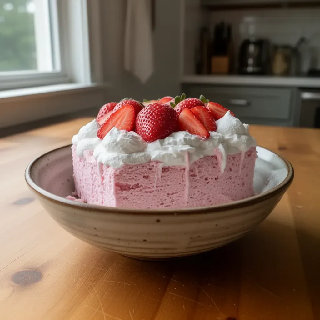 3 Ingredient No Bake Strawberry Cloud Cake topped with fresh strawberries