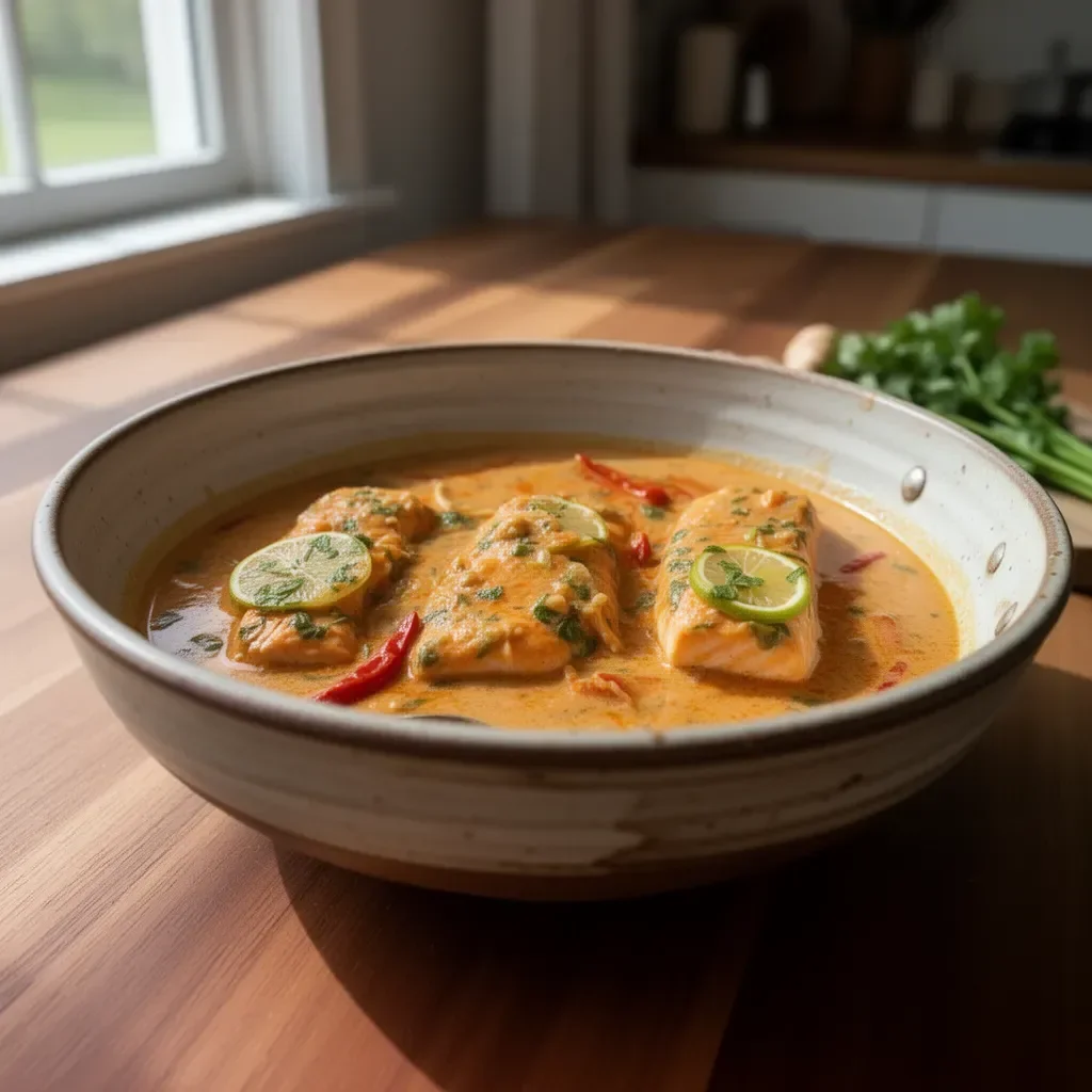30 Minute Coconut Thai Salmon Curry with vibrant vegetables and creamy sauce.