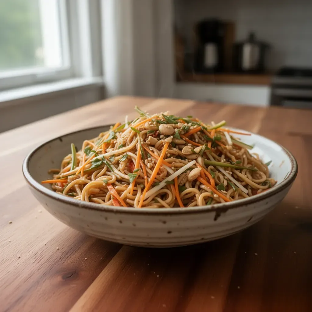 Bowl of Asian cold noodle salad with colorful vegetables and sesame dressing