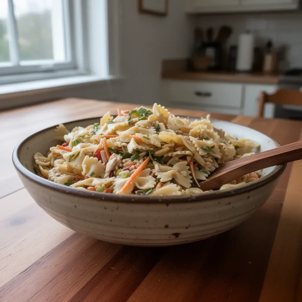 Colorful Asian Pasta Salad with fresh vegetables and sesame dressing