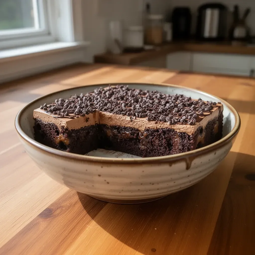 Delicious Baileys Chocolate Poke Cake with chocolate drizzle and whipped cream topping