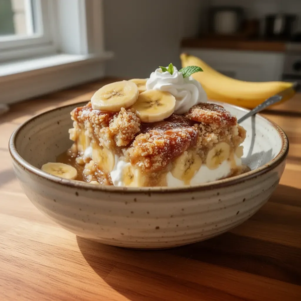 Delicious homemade Banana Cobbler with fresh bananas and crumbly topping