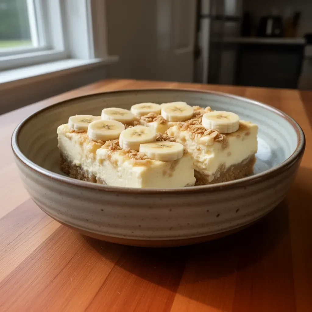 Delicious Banana Pudding Cheesecake Squares on a plate, topped with whipped cream and banana slices.