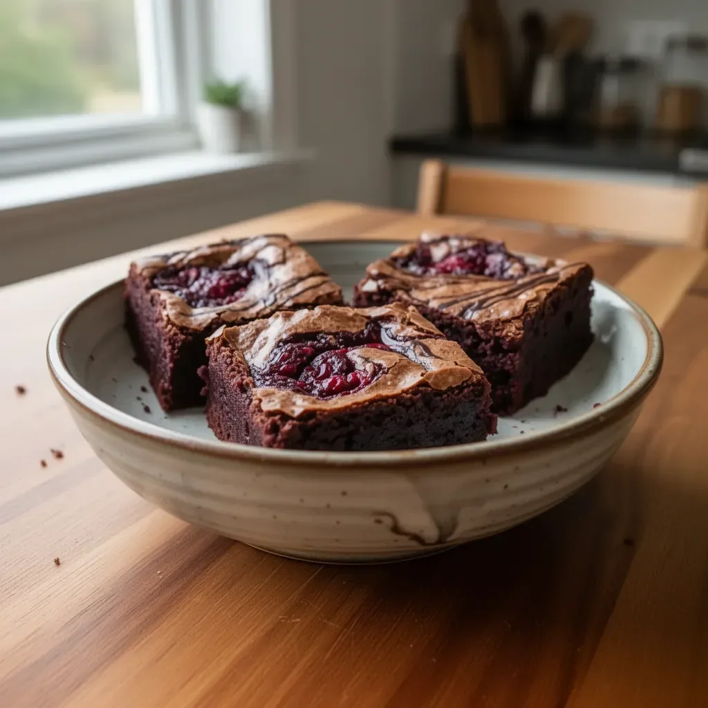 Delicious raspberry swirl brownies topped with fresh raspberries