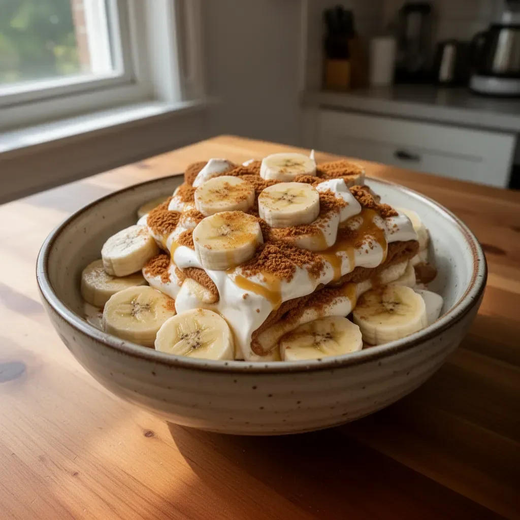 Delicious Biscoff Banana Pudding topped with crushed Biscoff cookies and banana slices