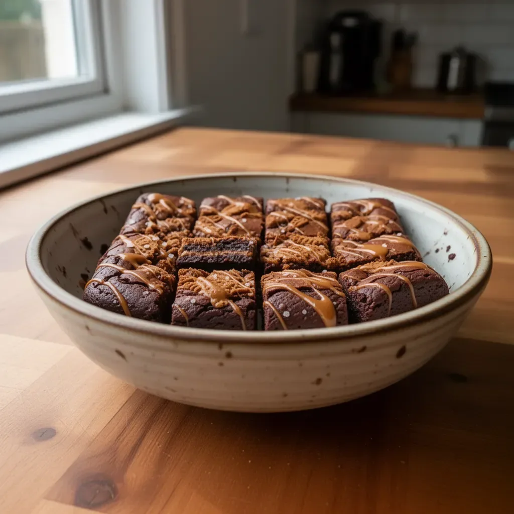 Delicious Biscoff brownies topped with caramel drizzle and chocolate chips.