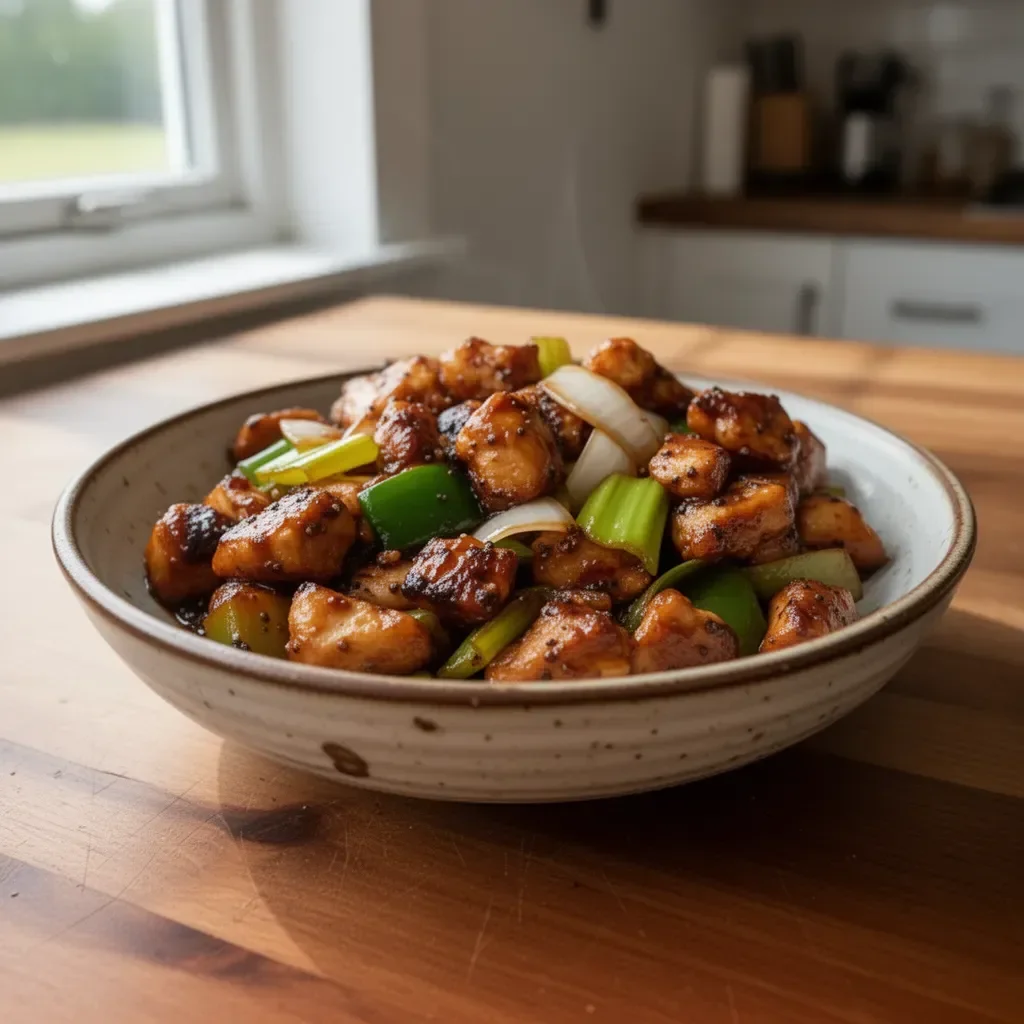 Delicious Black Pepper Chicken served with vegetables and rice
