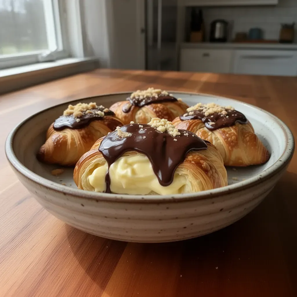 Delicious Boston Cream Pie Croissants filled with creamy custard and topped with chocolate.