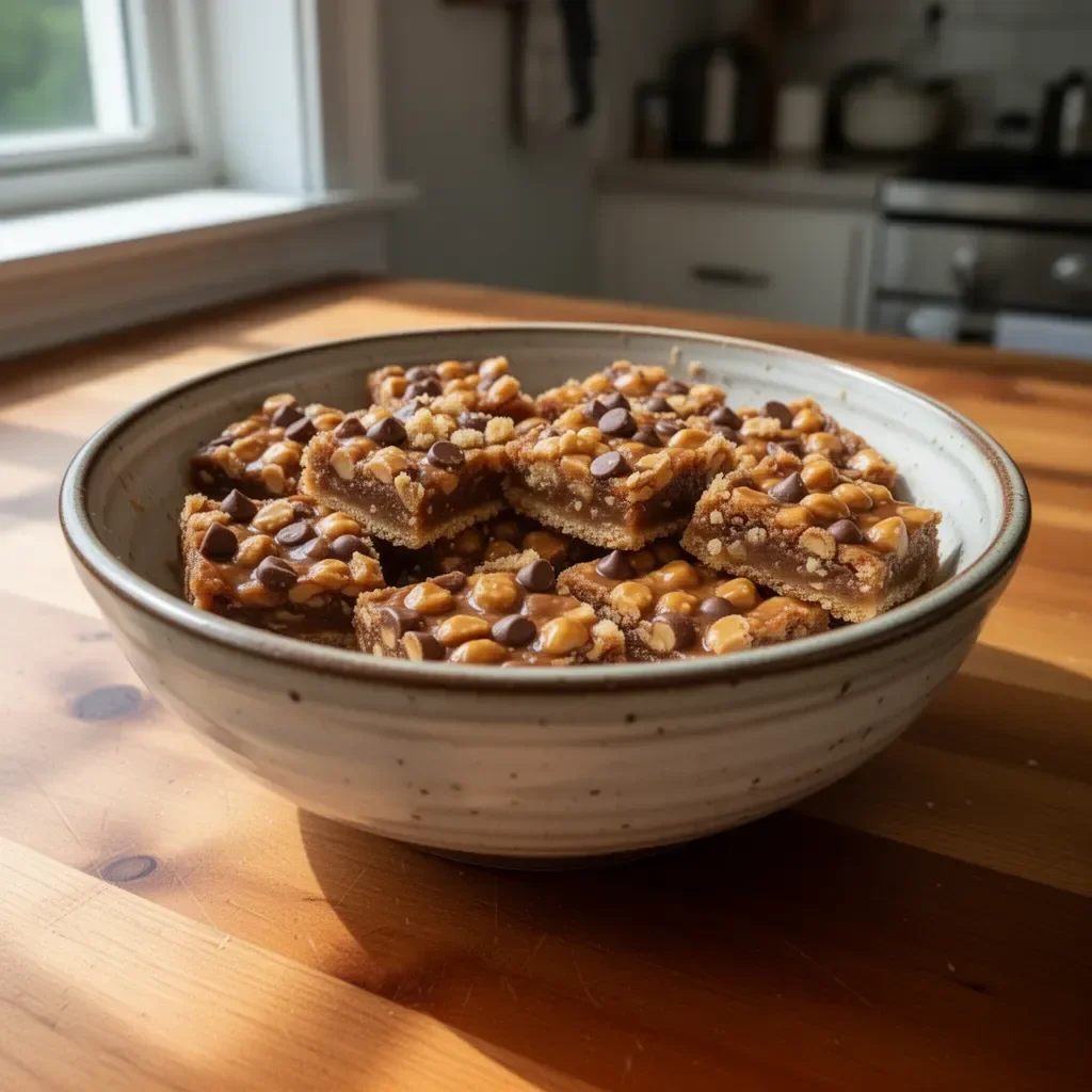 Deliciously baked Cake Mix Toffee Bars topped with chocolate and nuts