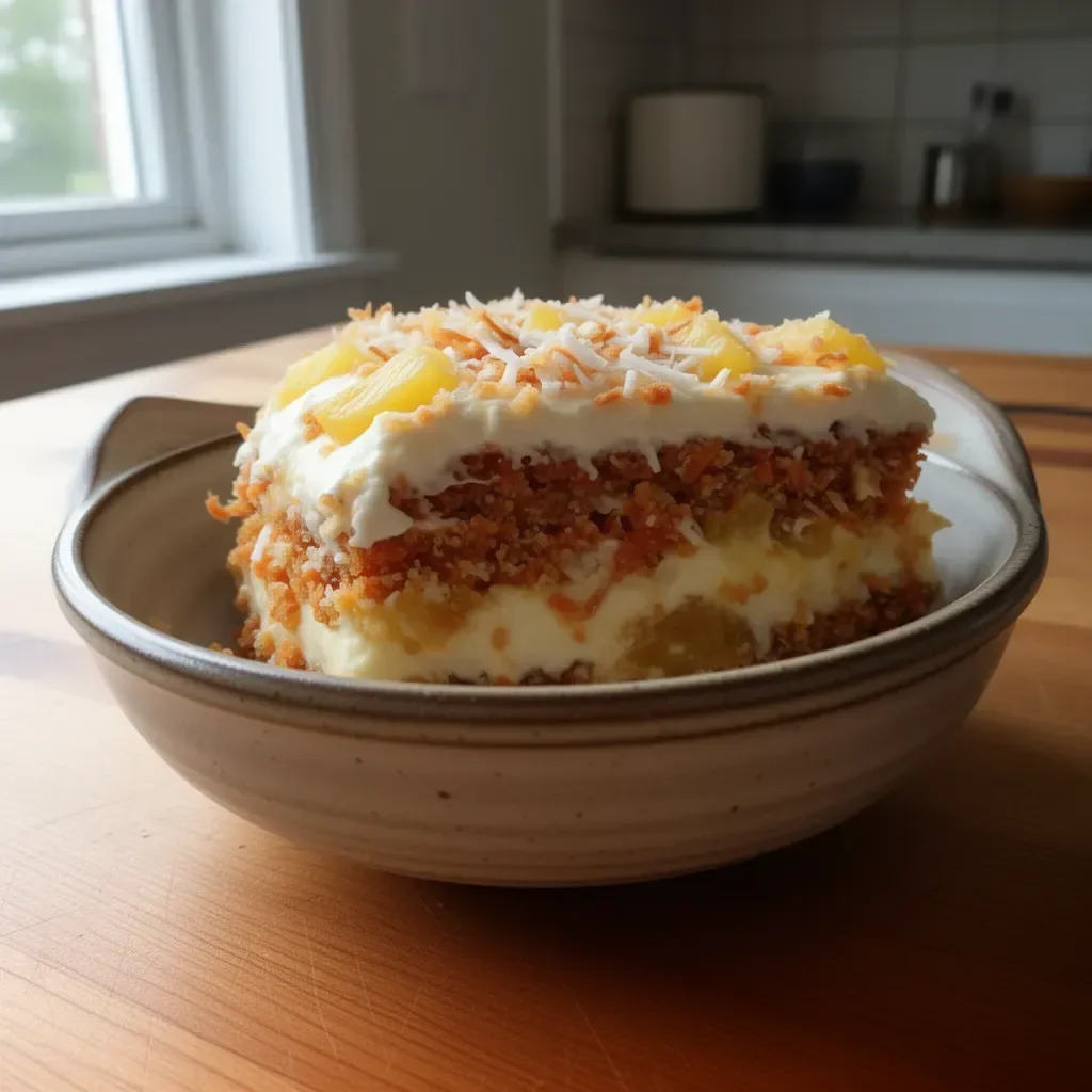 Delicious Carrot Pineapple Cake topped with cream cheese frosting and garnished with nuts.