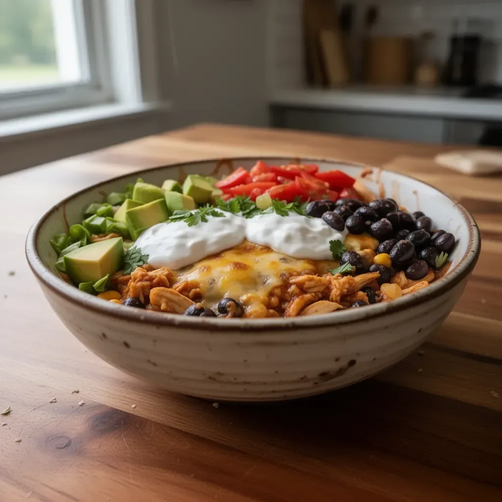 Delectable Chicken Enchilada Bowl garnished with fresh toppings