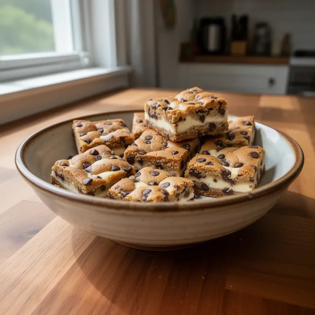Delicious Chocolate Chip Cheesecake Bars with chocolate chips on top