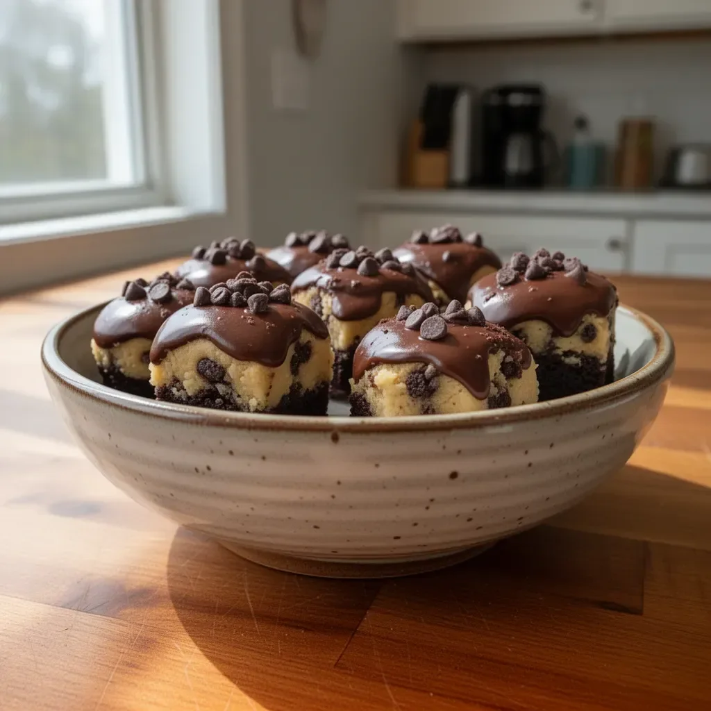 Chocolate chip cookie dough brownie bites freshly baked and served on a plate.