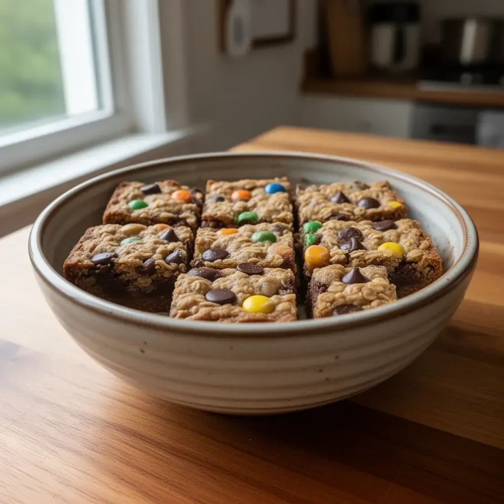 Delicious chocolate chip oatmeal cookie bars on a wooden table