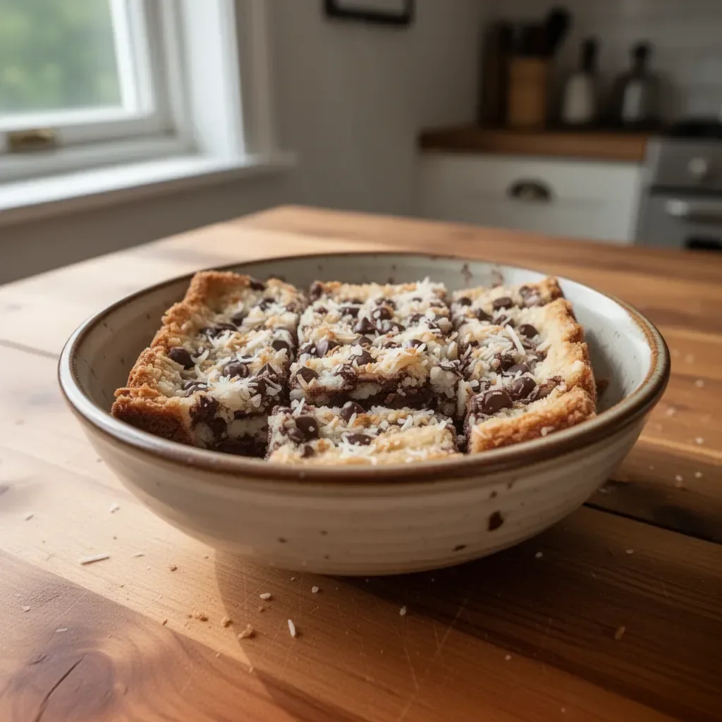 Homemade Chocolate Coconut Bars with chocolate drizzle and coconut flakes