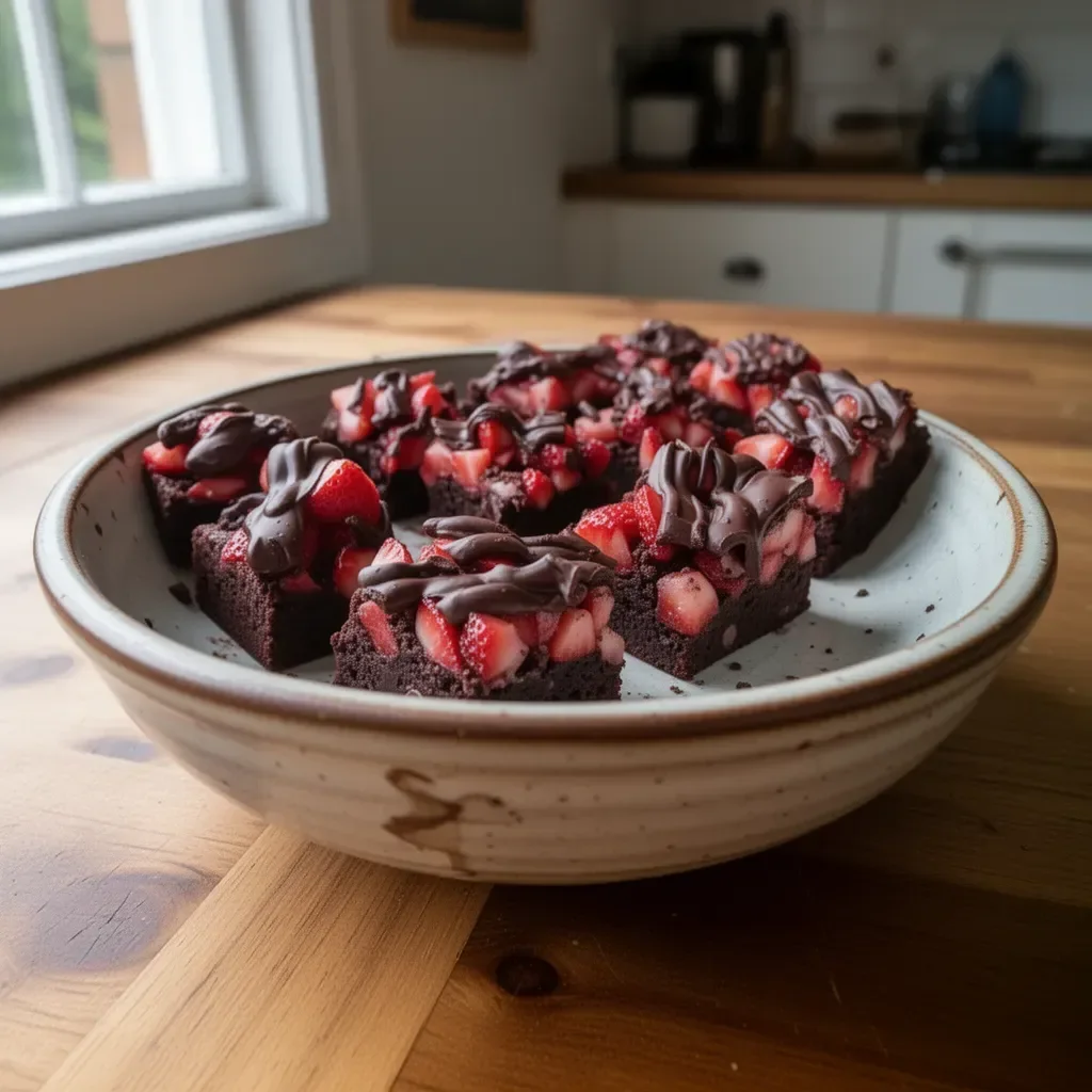 Delicious chocolate covered strawberry brownies served on a plate