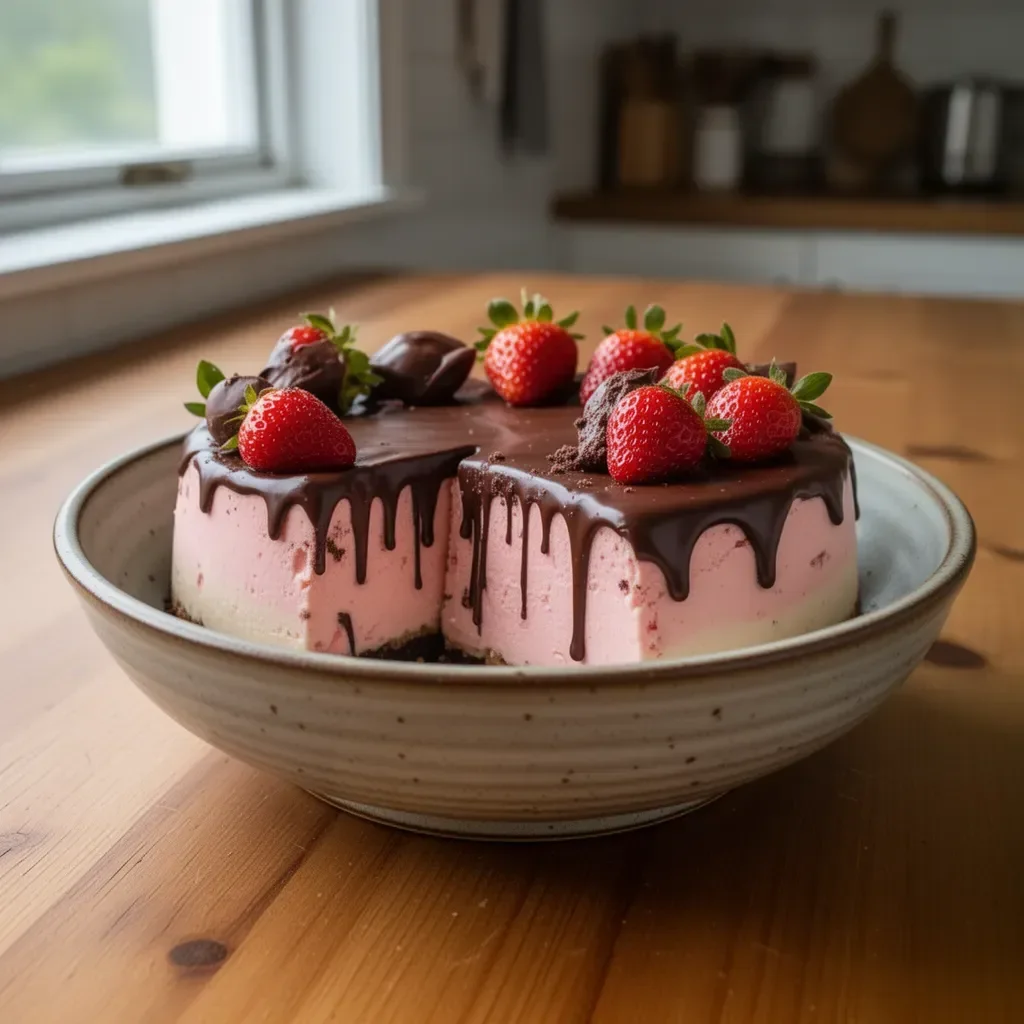 Delicious chocolate covered strawberry cheesecake with fresh strawberries and chocolate drizzle.