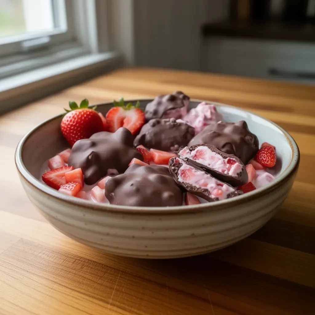 Delicious Chocolate Strawberry Yogurt Clusters in a bowl with fresh strawberries