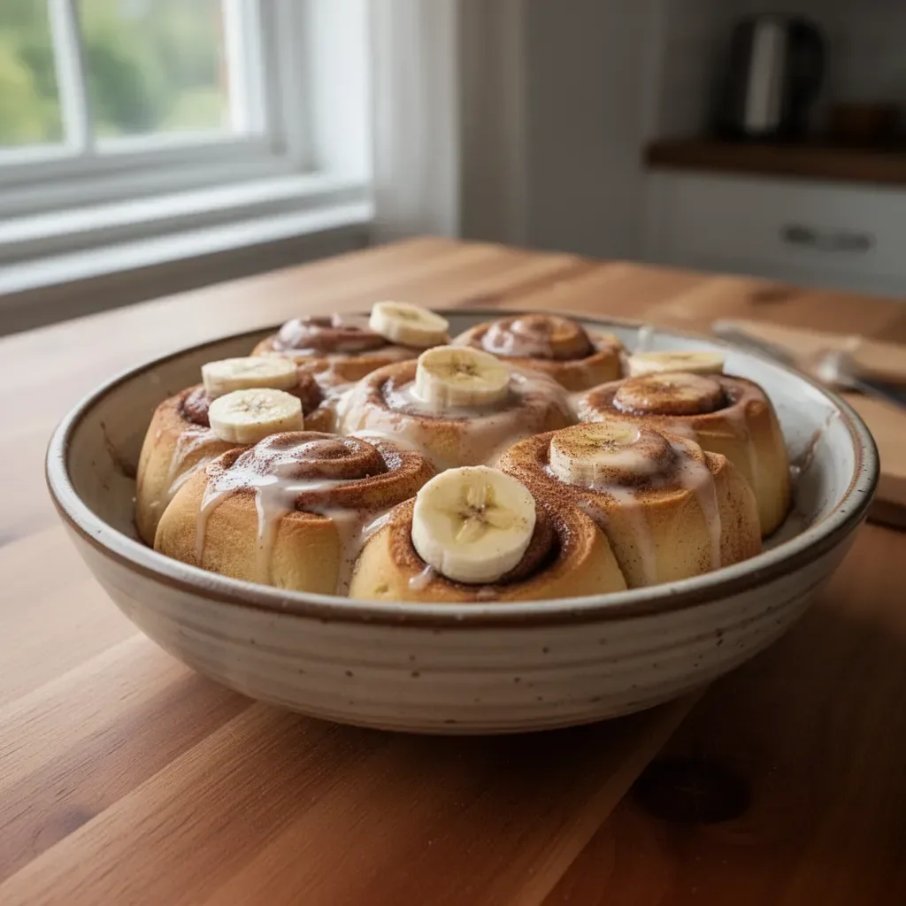 Delicious cinnamon banana rolls with a golden brown crust and cinnamon swirl.