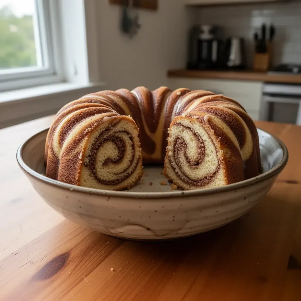 Delicious Cinnamon Swirl Bundt Cake with a rich cinnamon ribbon in the center.