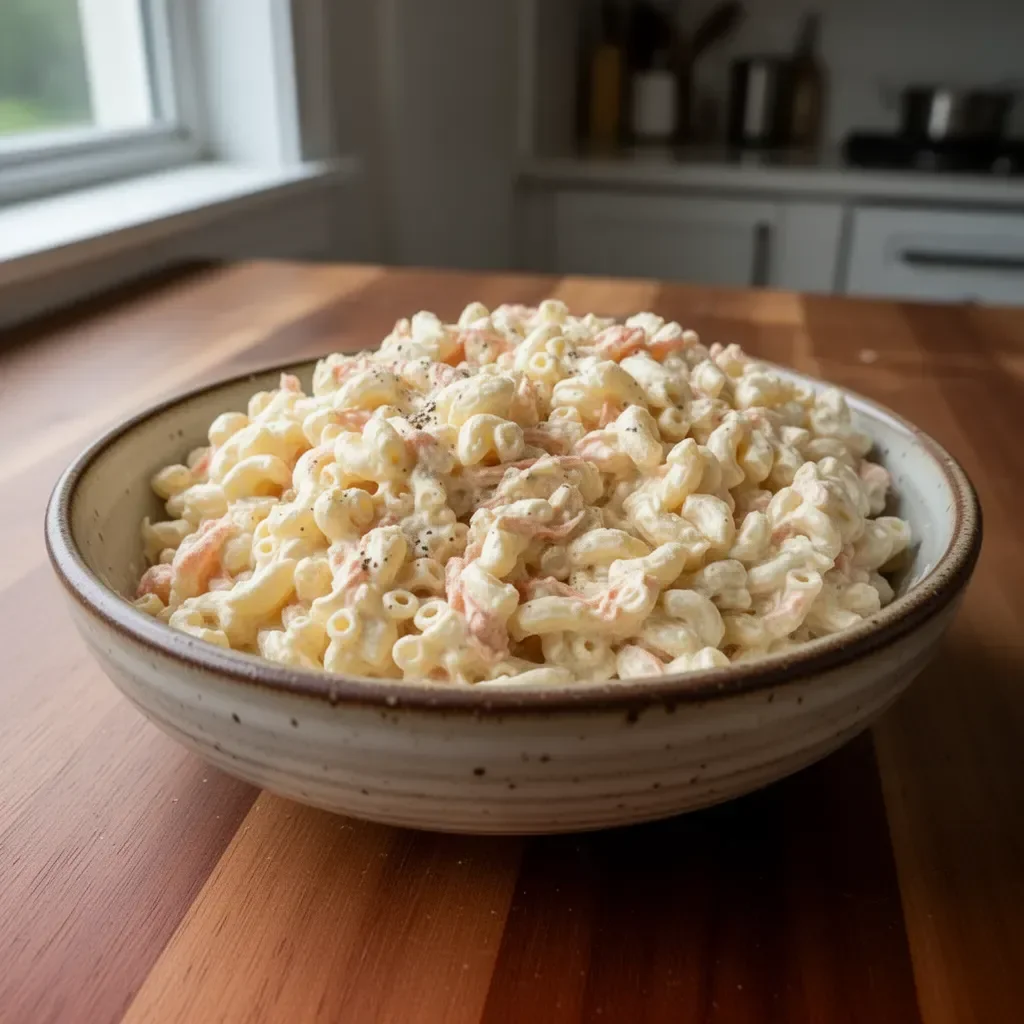 Bowl of classic Hawaiian macaroni salad with veggies and dressing