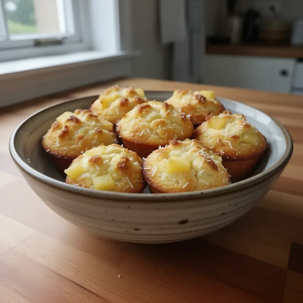 Coconut and Pineapple Cottage Cheese Muffins freshly baked in a tray.