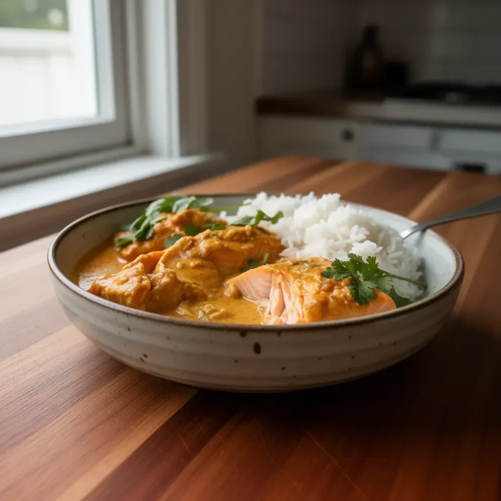 Delicious Coconut Curry Braised Salmon served with vibrant vegetables.