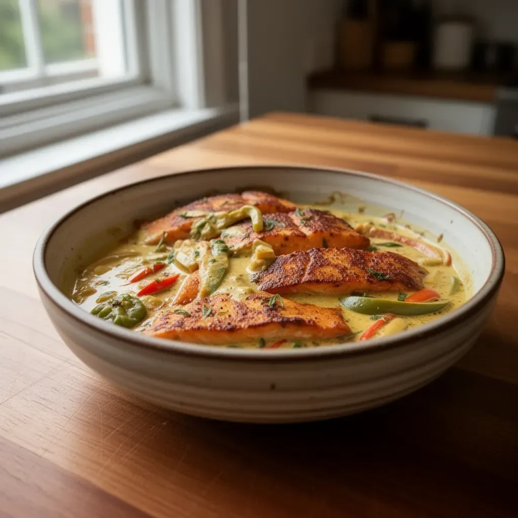 Delicious Coconut Curry Salmon served with rice and vegetables