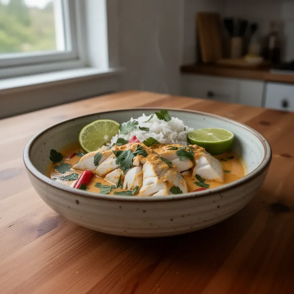 Coconut Lime Fish Curry served with Jasmine Rice in a bowl