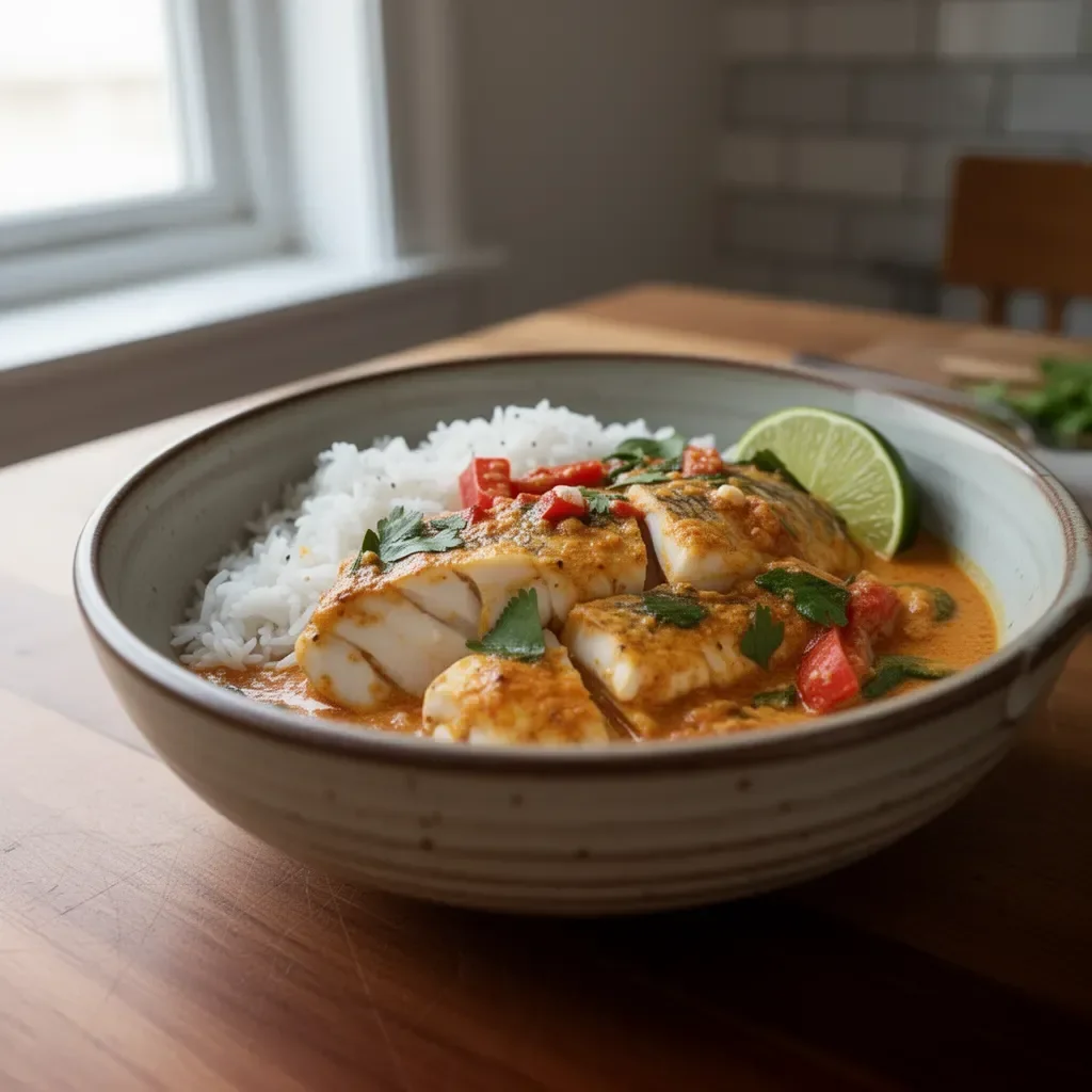 A delicious bowl of coconut lime fish curry served with jasmine rice.