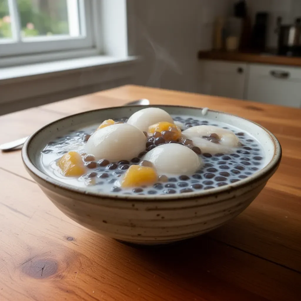 Coconut milk dessert with glutinous rice balls and tapioca pearls in a bowl